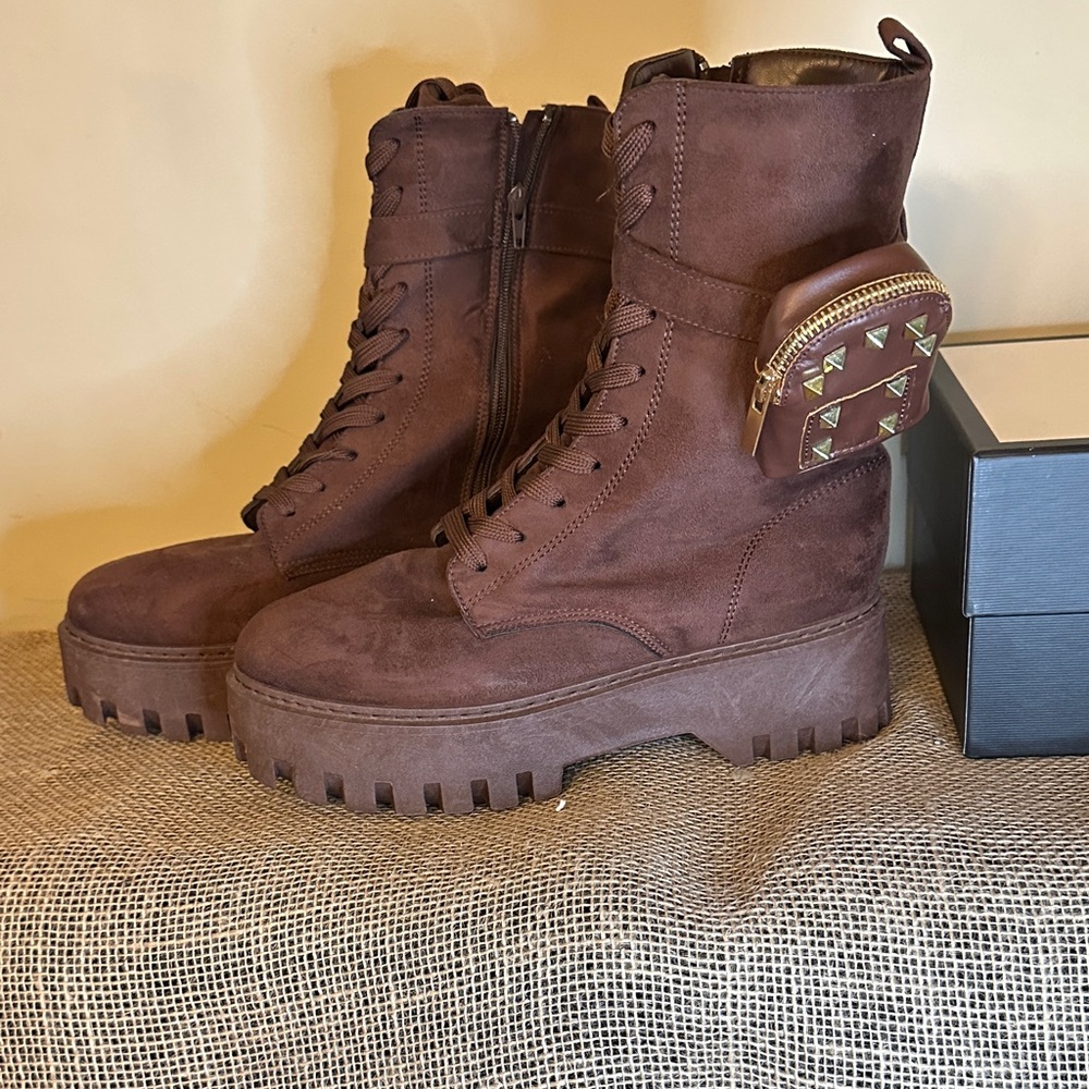 Brown Suede Platform Boots with Studded Pouch